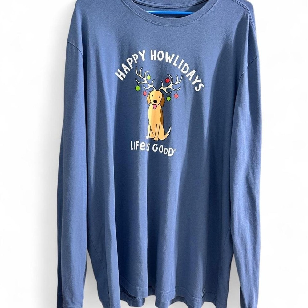 Life is Good Blue long sleeve Men'shirt with graphic 'HAPPY HOWLIDAYS'